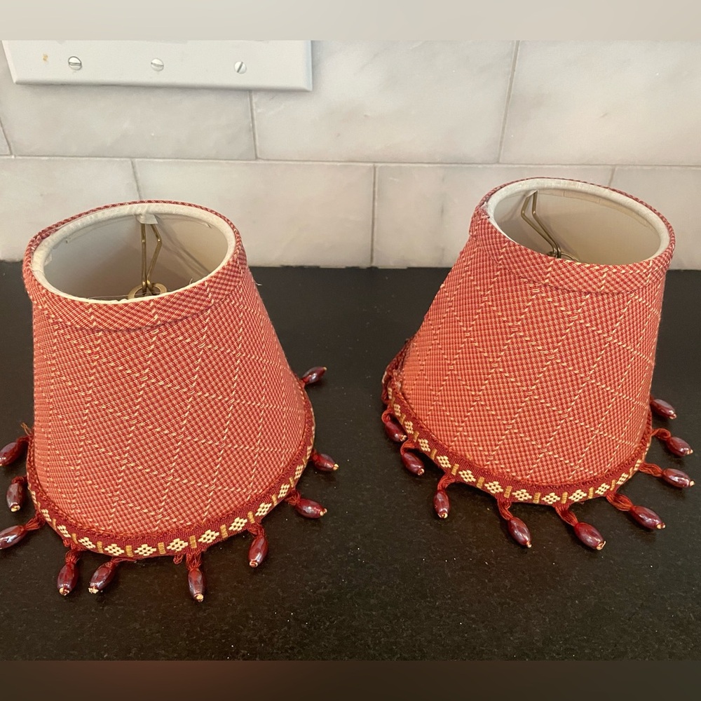 Red plaid Chandelier Shades with hanging beads  • Set of 2